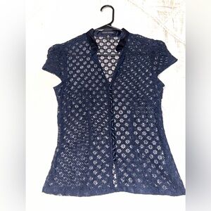 ✨ Banana Republic Navy Lace Blouse XS Sheer Button Front Feminine Chic Top ✨